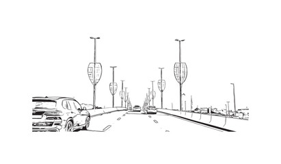 Building view with landmark of Ras Al Khaimah is the city in United Arab Emirates. Hand drawn sketch  illustration in vector.