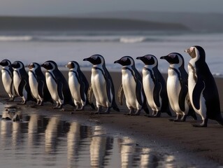 Obraz premium A group of penguins waddling in a line