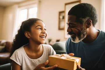 Young daughter giving father a gift on Father's Day, heartwarming moment of love and appreciation between parent and child, celebrating the special bond between a dad and his daughter, generative ai