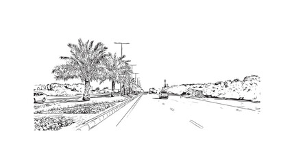 Building view with landmark of Ras Al Khaimah is the city in United Arab Emirates. Hand drawn sketch  illustration in vector.