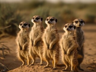 A group of meerkats standing upright, looking alert
