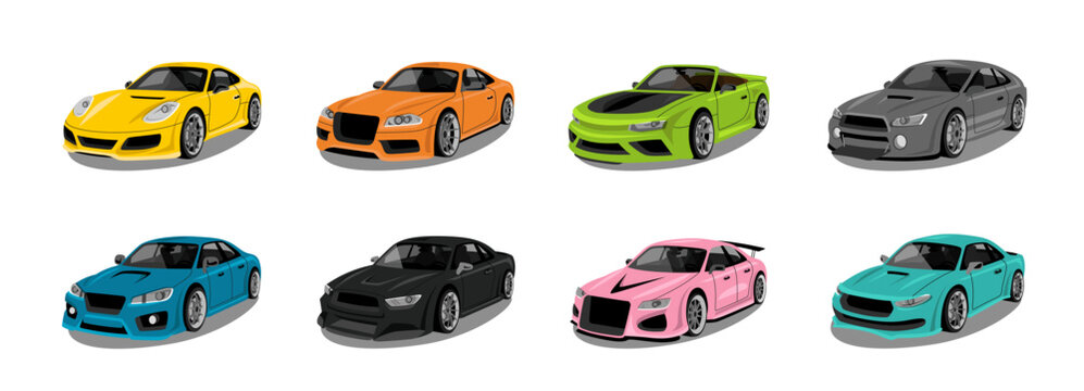 Set of colorful fast cars. Race automobiles collection. Urban city super cars and vehicles transport new icons. Luxury realistic vehicles isolated on white background. Muscle car. Vector illustration