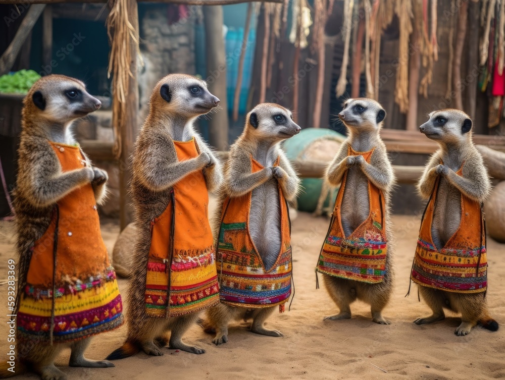 Wall mural A group of meerkats celebrating with a traditional dance