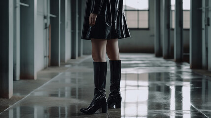 Obraz premium Frauenbeine mit schwarzen Lackstiefel, Women legs with black patent boots
