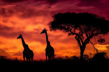 Giraffes in the wilderness - African sunset Generative AI