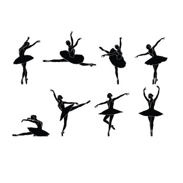 Set of 8 ballerina silhouette flat vectors on white background. Collection of ballet dance moves. Black and white ballet dancer icon.
