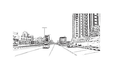 Building view with landmark of Ras Al Khaimah is the city in United Arab Emirates. Hand drawn sketch  illustration in vector.