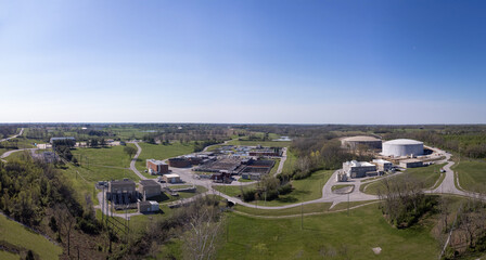 Drone view of water treatment plant for recycling gray water in mid west American city of Lexington, Kentucky
