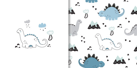 Childish seamless pattern with cute dino. Vector illustration. Design for kids collection, fabric, textile, wallpaper, wrapping