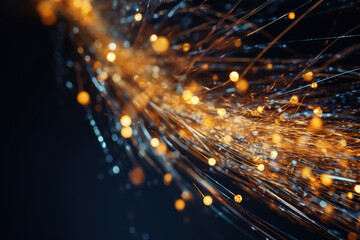 Abstract background fiber optics network cable with colorful rays and bokeh, Glowing fiber optic strings in dark background. Computer network and communication concept background, Generative AI - obrazy, fototapety, plakaty