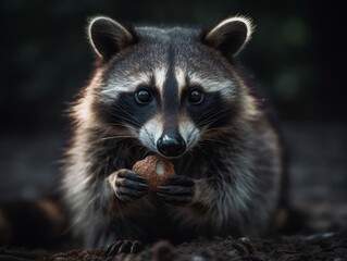 Naklejka na ściany i meble A curious and cunning raccoon caught in the act of stealing a snack