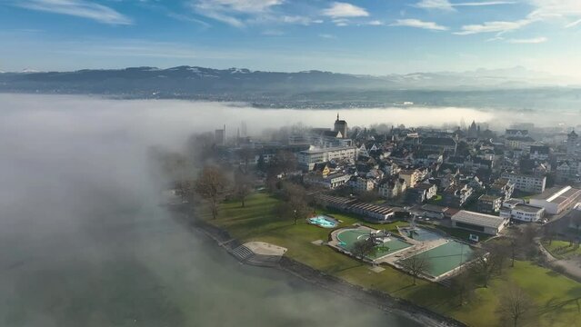 Aerial view of Arbon, a town along Lake Constance, Switzerland view at sunset