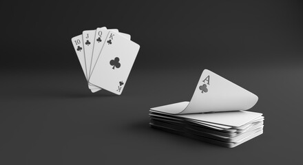playing cards, sequence of poker cards, background for casino, poker game, sequence of clubs, 10, J, Q, K, A, suits of diamonds (3d illustration)