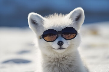 Fototapeta premium A snow fox with sunglasses, generative AI