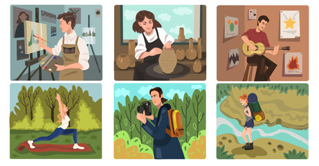 Fototapeta premium Set of colorful pictures with artistic hobbies. Cartoon style characters doing their favorite things. Happy man and women have relaxation in hobby. Active people: Artist, traveler. Vector illustration