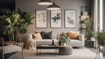 Modern living room with plants. Illustration AI Generative.