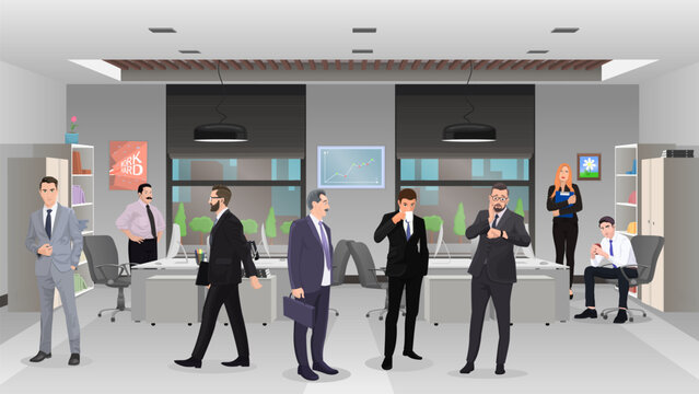People in office. Conference work process in commercial company. Modern minimalistic grey office interior design. Open space cabinet room with businessmen. Corporate meeting room. Vector illustration