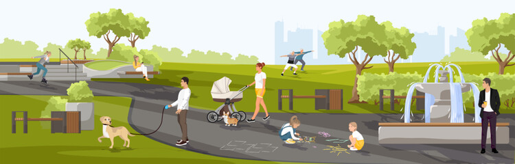 People walking with dogs in City Park. Weekend in the cityscape. Kids drawing and playing outdoor. Public place for relax and recreation with green trees and bushes. Panoramic flat vector illustration