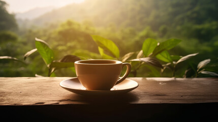Tea cup on natural background. Illustration AI Generative.