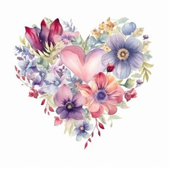 Watercolor heart with flowers. Illustration AI Generative.