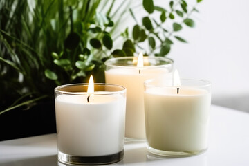 Obraz na płótnie Canvas Burning candles in glass on a white surface with a green plant in the background, scented aromatic candle. High quality generative ai