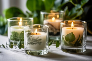 Burning candles in glass on a white surface with a green plant in the background, scented aromatic candle. High quality generative ai