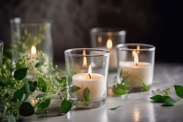 Burning candles in glass on a white surface with a green plant in the background, scented aromatic candle. High quality generative ai