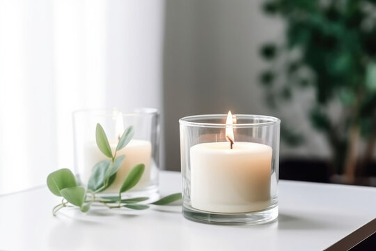 Burning candles in glass on a white surface with a green plant in the background, scented aromatic candle. High quality generative ai