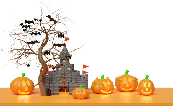 3d halloween pumpkin holiday party with haunted castle, flying bats, Scared Jack O Lantern and candle light in pumpkin for happy halloween, 3d render illustration, isolated.