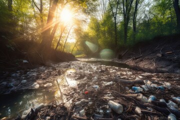 AI Generated Illustration of a river filled with trash and pollution