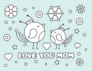 Mothers Day Coloring Page, Happy Mothers Day, Greeting Card Vector Design. Mother's Day Coloring Page, Adorable Mother's Day Coloring Pages for Kids to Gift to Mom. May activities for Kindergartens