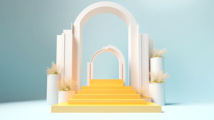 Stage podium scene for product showcase, happy, summer day promotion concepts for your design choices. generative ai