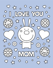 Mothers Day Coloring Page, Happy Mothers Day, Greeting Card Vector Design. Mother's Day Coloring Page, Adorable Mother's Day Coloring Pages for Kids to Gift to Mom. May activities for Kindergartens