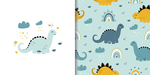 Seamless pattern with cute dinosaurs and rainbows on green background. Childish collection. Vector illustration design for fabrics, textile, wallpaper, wrapping