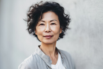 50 year old woman with curly hair standing in front of a wall. Generative AI.