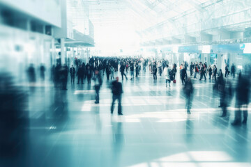 Background of an expo or convention with blurred individuals in an exposition hall. Concept image for a international exhibition, conference center, corporate marketing, or event fair. Generative ai