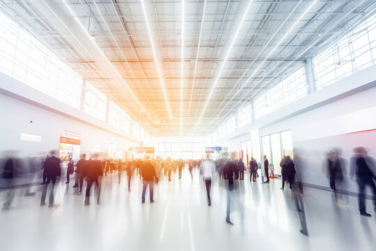 Background of an expo or convention with blurred individuals in an exposition hall. Concept image for a international exhibition, conference center, corporate marketing, or event fair. Generative ai