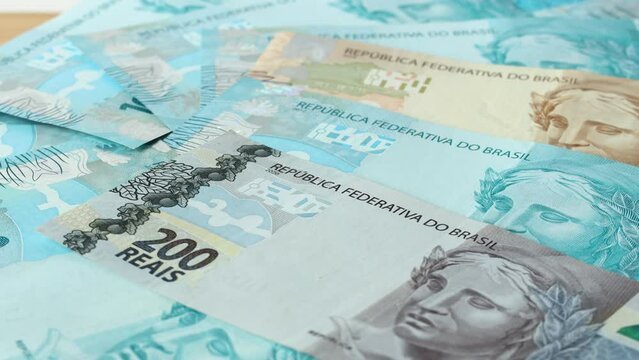 Brazil money rotating, Brazilian banknotes different values. Financial concept, lottery or big win