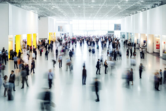 Background of an expo or convention with blurred individuals in an exposition hall. Concept image for a international exhibition, conference center, corporate marketing, or event fair. Generative ai