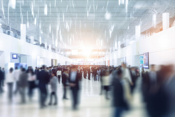 Background of an expo or convention with blurred individuals in an exposition hall. Concept image for a international exhibition, conference center, corporate marketing, or event fair. Generative ai - obrazy, fototapety, plakaty