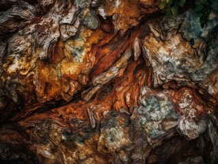 A close-up image of tree bark with earthy textures and colors