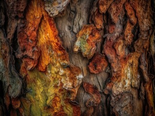 A close-up image of tree bark with earthy textures and colors