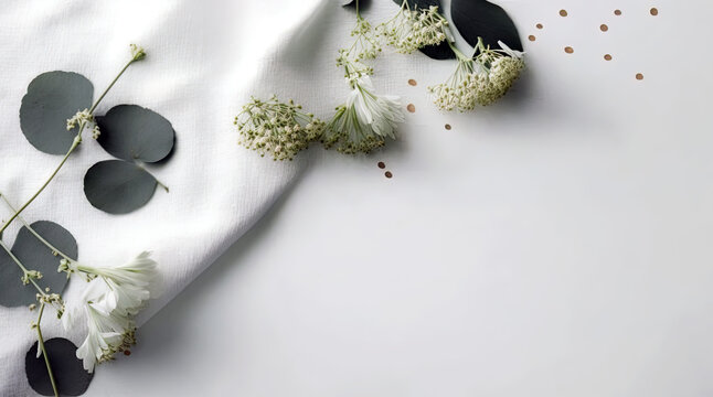 Bouquet, branch and blossom on white tablecloth, wedding and invitation card, luxury background. Generative Ai.