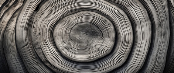 Black and white pattern on a wood plank, style of circular abstraction, naturalistic backgrounds. Generative AI.