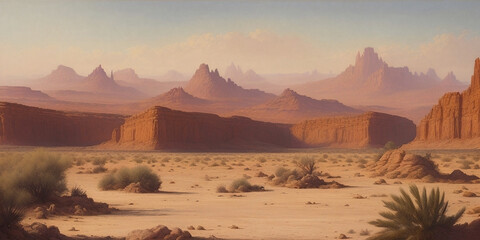 Fototapeta na wymiar Desert landscape with trees, generative AI