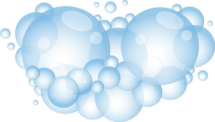 Fototapeta premium Cartoon soap foam with bubbles. Light blue suds of bath, shampoo, shaving, mousse.