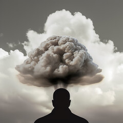A silhouette of a man with cloud of smoke over head head, Generative KI