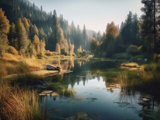 A tranquil lake nestled among rolling hills and tall trees
