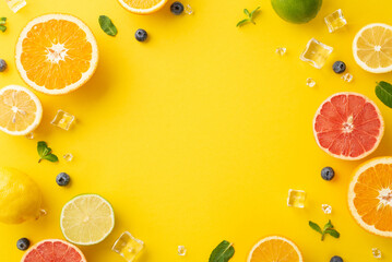 Yellow summer concept. Top view of colorful citrus fruits - orange, lemon, lime, grapefruit, and mint leaves on a sunny yellow background with an empty space for text