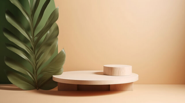 Minimal wooden podium with leaves. Illustration AI Generative.
